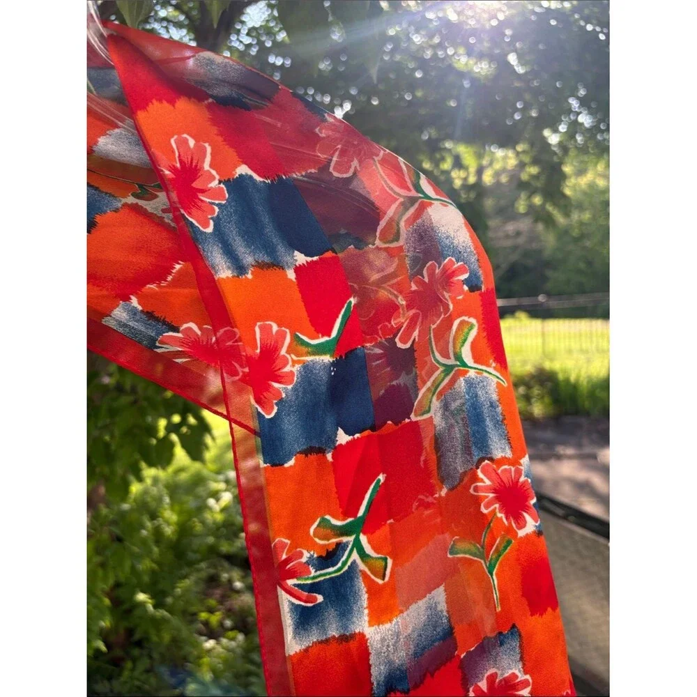 Vibrant Red Floral Silk Scarf